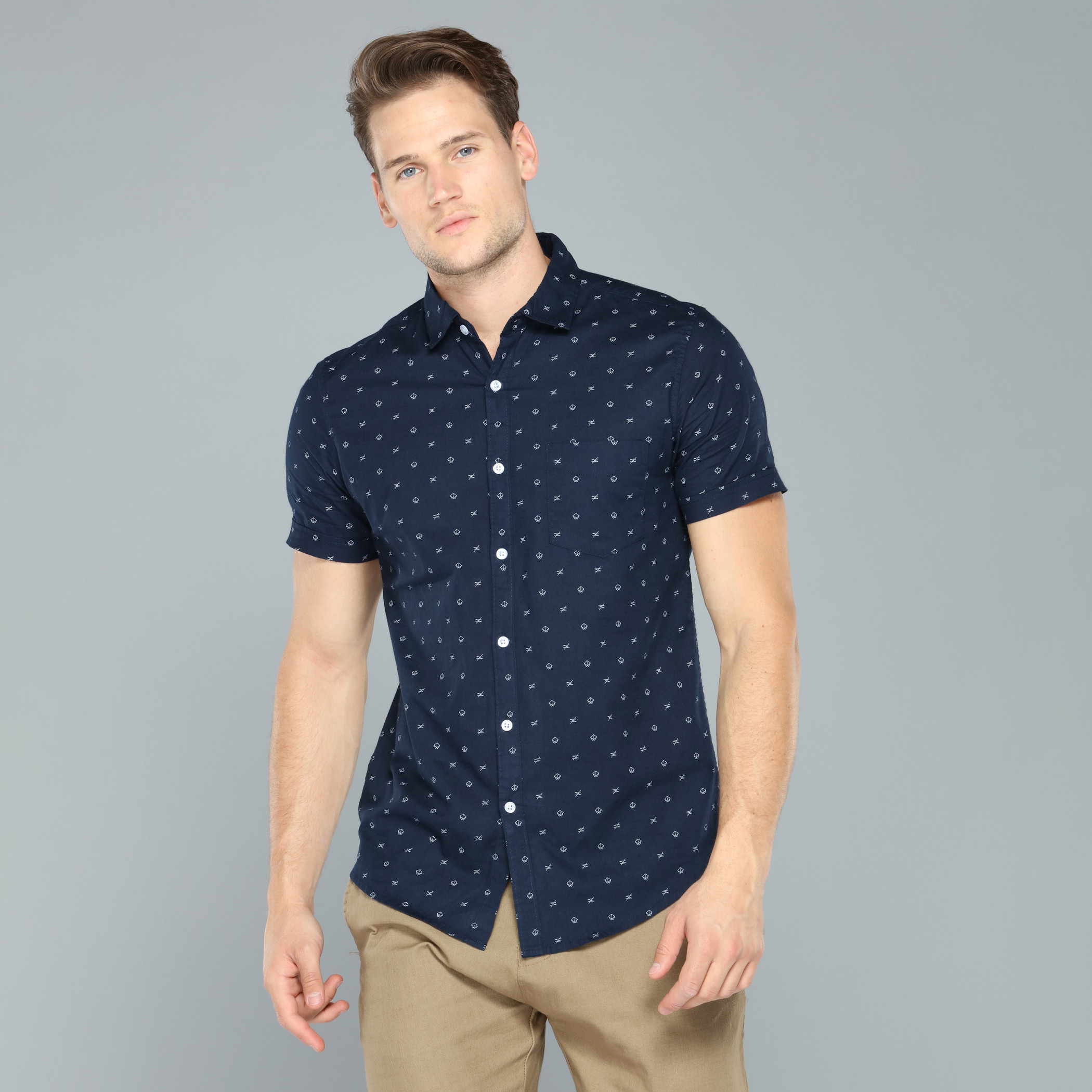 Shop Printed Shirt with Short Sleeves and Complete Placket Online Max Bahrain