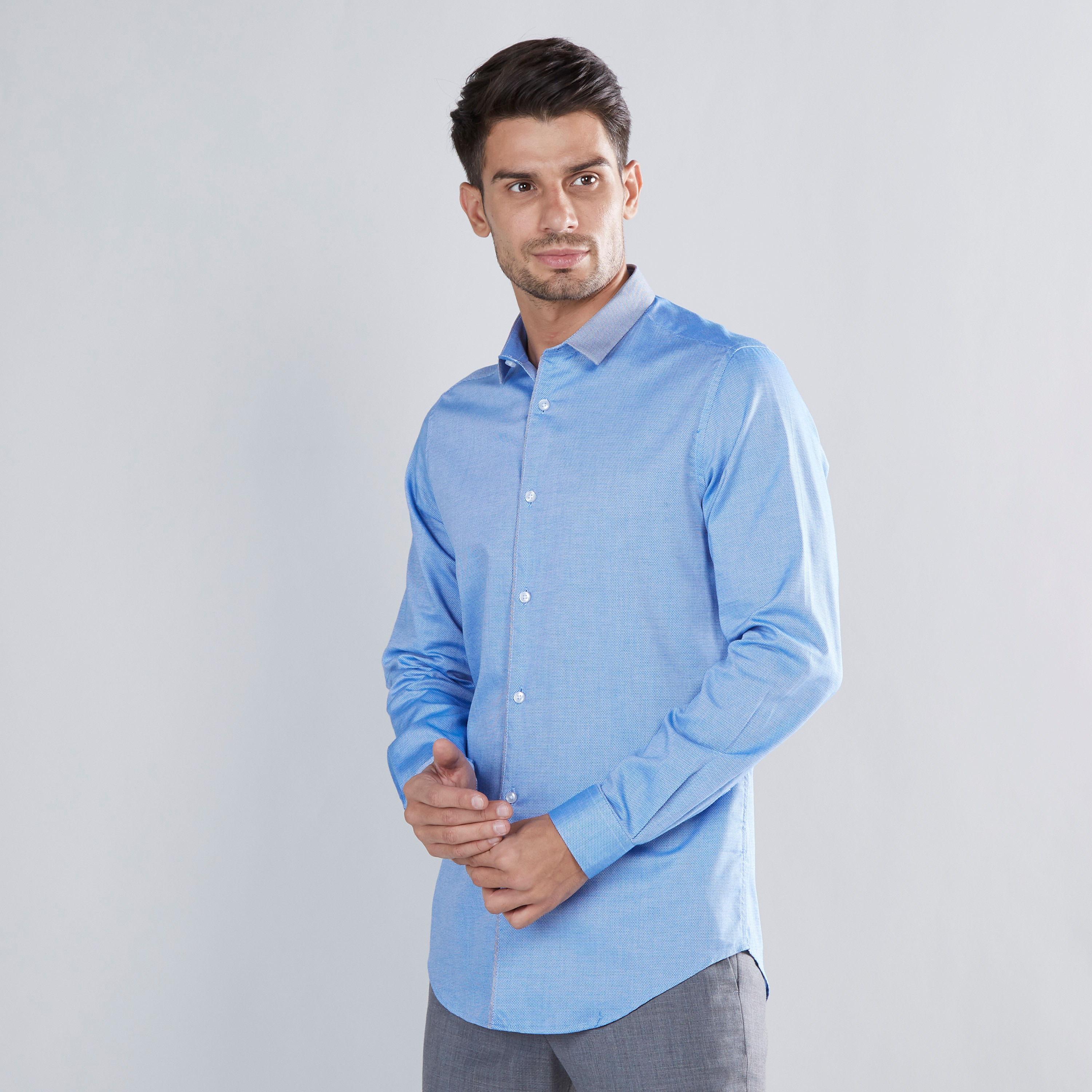 Shop Slim Fit Textured Shirt with Long Sleeves and Curved Hem