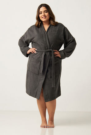 Textured Bathrobe with Long Sleeves and Belt Tie-Ups