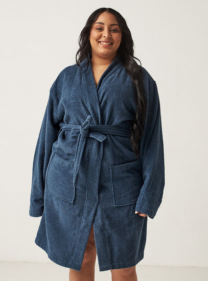 Textured Bathrobe with Tie-Up Belt and Pockets-Bathrobes-image-1