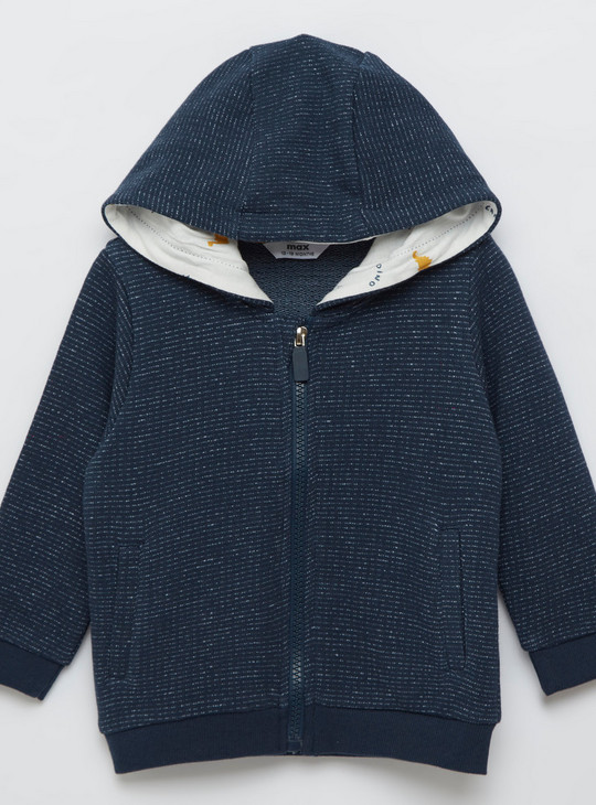 Textured Front Zip Jacket with Hood and Long Sleeves