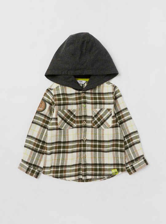 Checked Hooded Shirt with Pockets and Long Sleeves