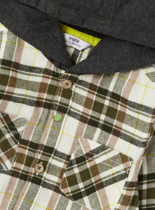 Checked Hooded Shirt with Pockets and Long Sleeves