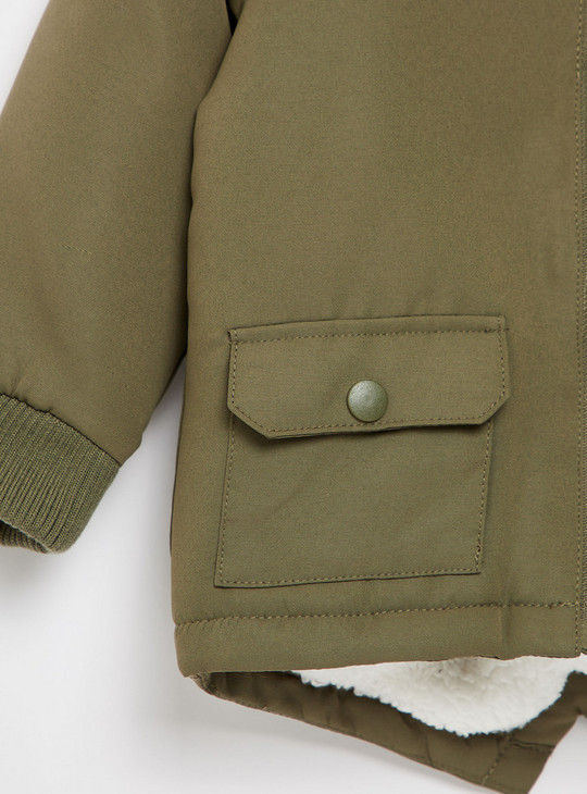 Solid Zipper Front Parka Jacket with Plush Detailed Hood