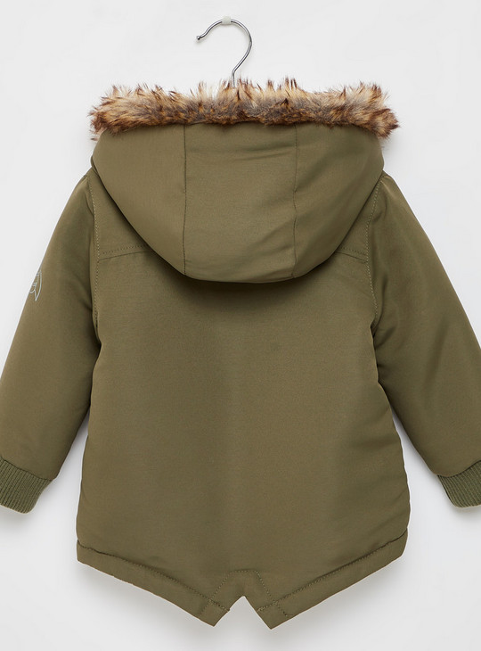 Solid Zipper Front Parka Jacket with Plush Detailed Hood