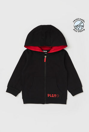 Solid Print Anti-Pilling Hoodie with Long Sleeves and Zip Closure