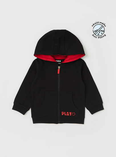 Solid Print Anti-Pilling Hoodie with Long Sleeves and Zip Closure