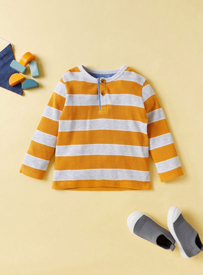 Striped T-shirt with Henley Neck and Long Sleeves