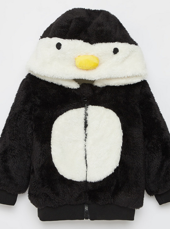 Textured Penguin Zip Front Jacket with Long Sleeves and Hood