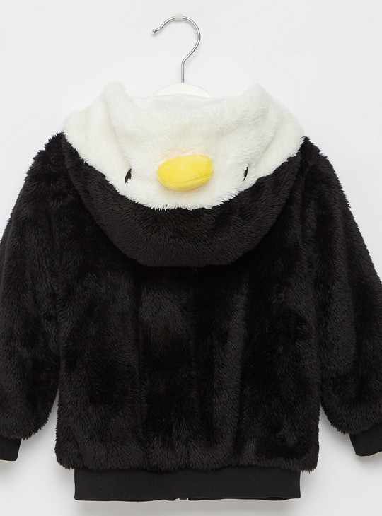 Textured Penguin Zip Front Jacket with Long Sleeves and Hood