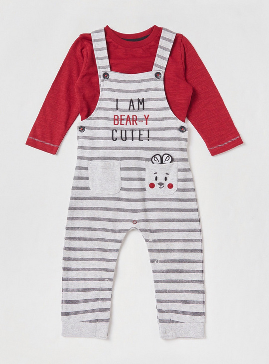 Solid T-shirt and Striped Dungarees Set