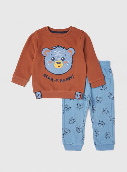 Bear Printed Round Neck Sweatshirt and Full Length Joggers Set
