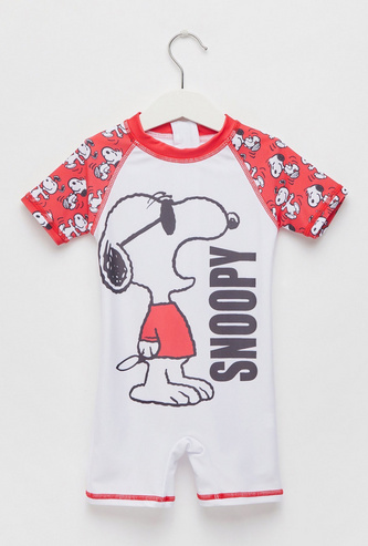 Snoopy Graphic Print Swimsuit with Raglan Sleeves and Zip Closure