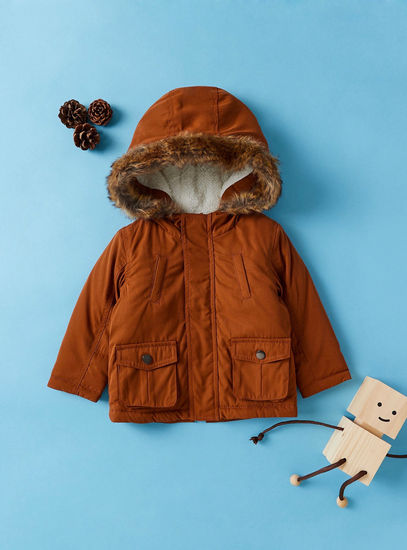 Solid Parka Jacket with Long Sleeves and Hood-Jackets-image-0