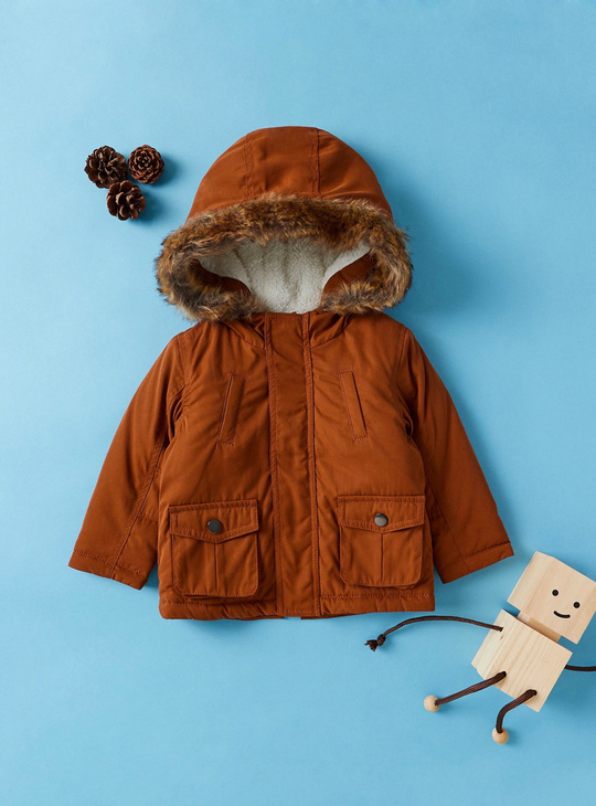 Solid Parka Jacket with Long Sleeves and Hood