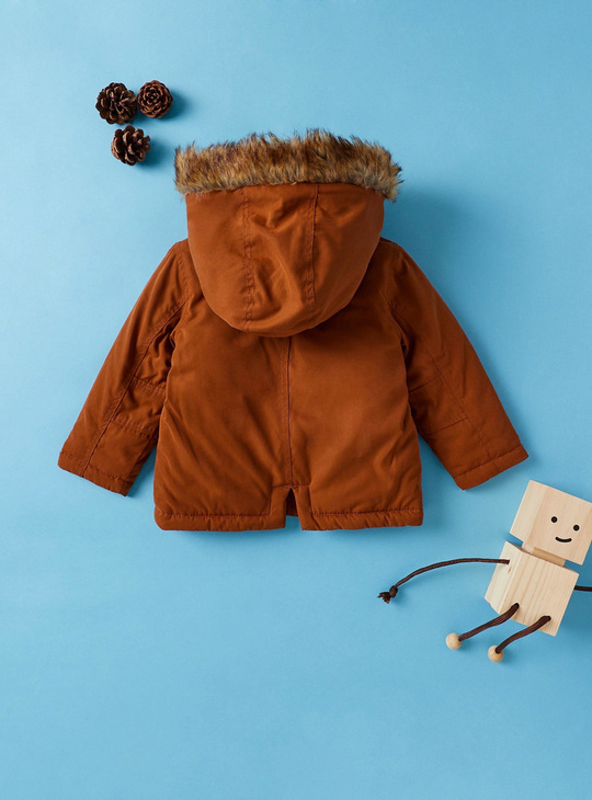 Solid Parka Jacket with Long Sleeves and Hood