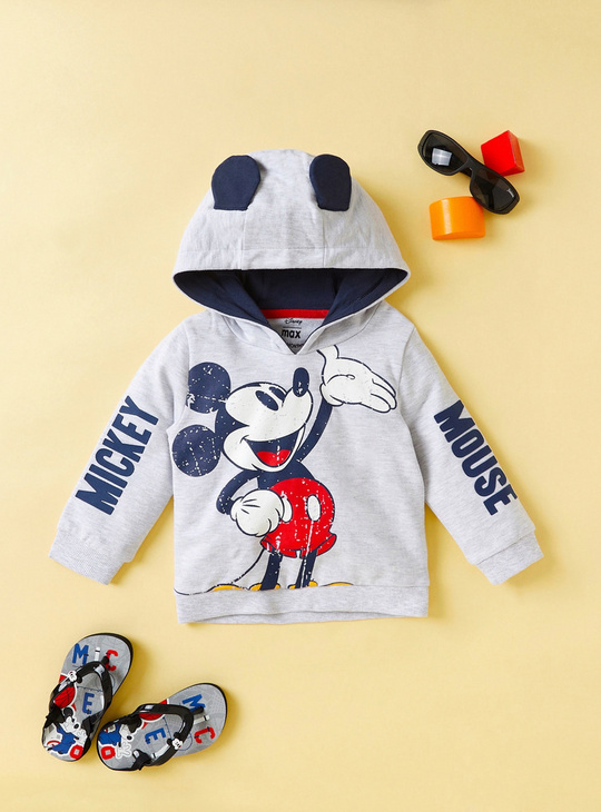Mickey Mouse Print Hooded Sweatshirt with Long Sleeves and Ear Applique Detail