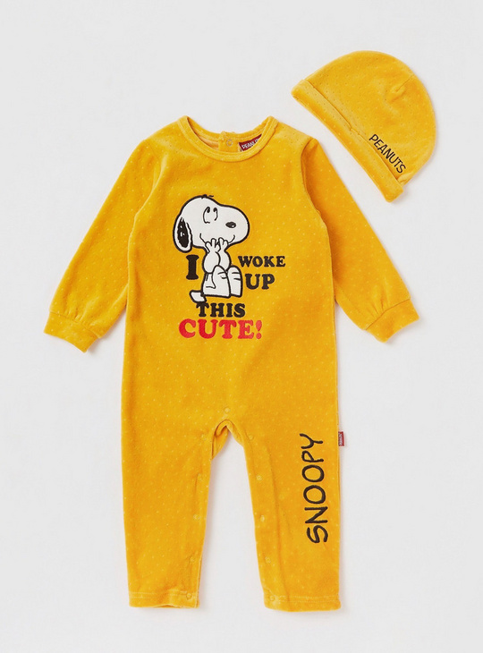 Snoopy Embroidered Sleepsuit with Beanie Cap