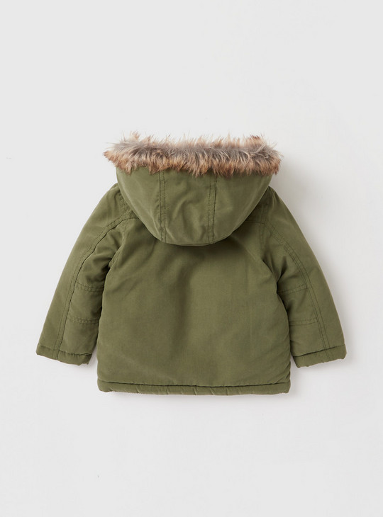 Solid Zip Through Parka Jacket with Pockets and Fur Accented Hood