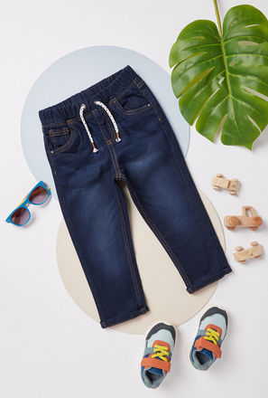 Solid Denim Jeans with Pocket Detail and Drawstring