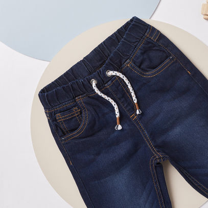 Solid Denim Jeans with Pocket Detail and Drawstring
