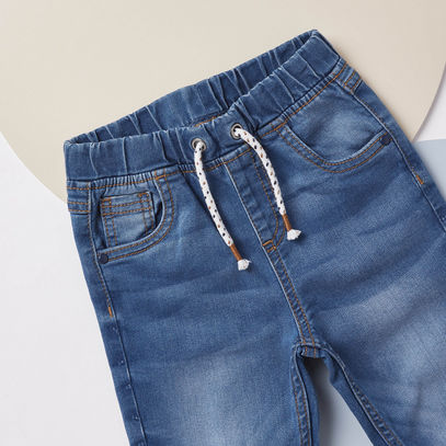 Full Length Solid Denim Jeans with Drawstring and Pocket Detail