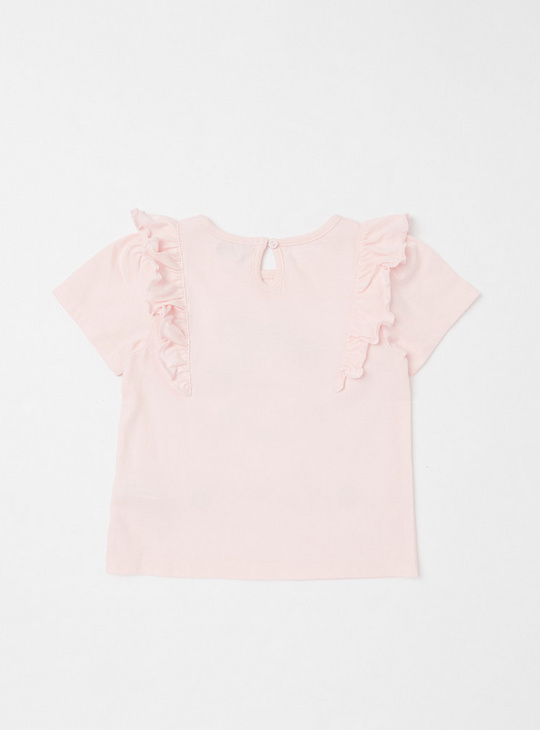 Printed T-shirt with Ruffle Detail and Short Sleeves