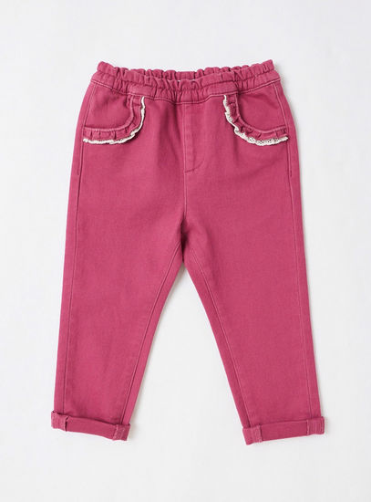 Solid Full Length Pants with Ruffle Detail and Elasticated Waistband