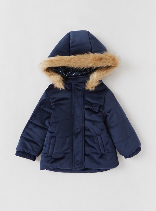 Solid Hooded Jacket with Long Sleeves and Bow Applique