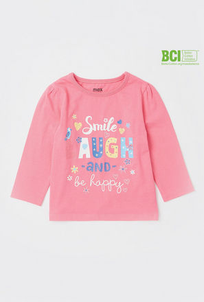 Printed BCI Cotton T-shirt with Round Neck and Long Sleeves