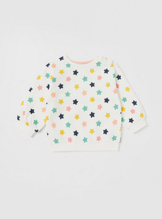 All-Over Star Print Sweatshirt with Round Neck and Long Sleeves