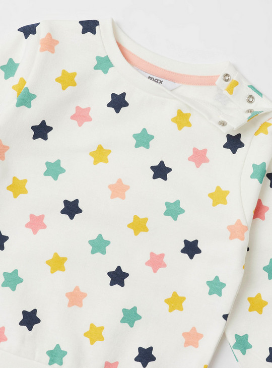 All-Over Star Print Sweatshirt with Round Neck and Long Sleeves