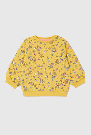 All-Over Floral Print Sweatshirt with Round Neck and Long Sleeves
