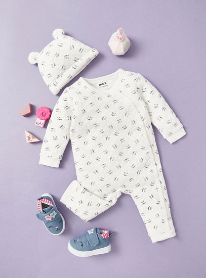 All-Over Printed Sleepsuit with Long Sleeves and Cap Set