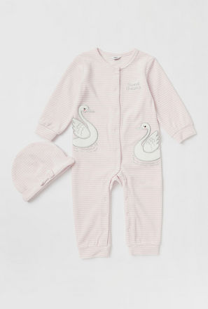Striped Sleepsuit with Long Sleeves and Beanie Cap