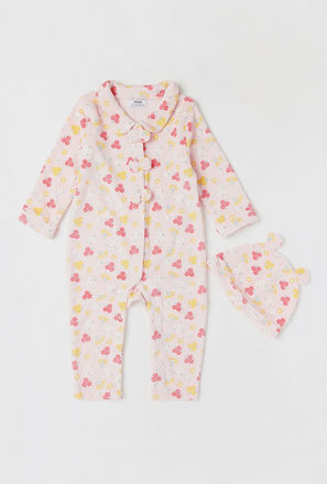 Floral Print Sleepsuit with Ear Accent Cap