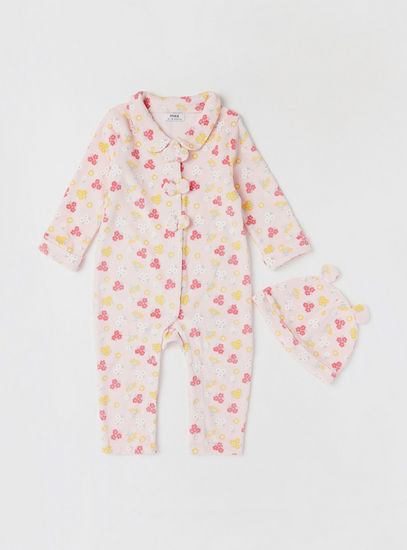 Floral Print Sleepsuit with Ear Accent Cap