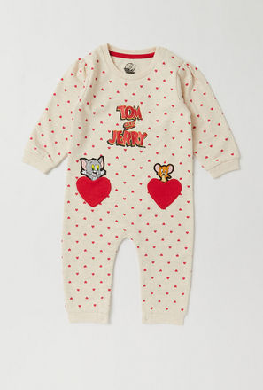 Tom and Jerry Print Romper with Round Neck and Long Sleeves