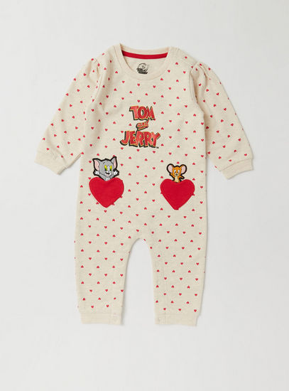 Tom and Jerry Print Romper with Round Neck and Long Sleeves