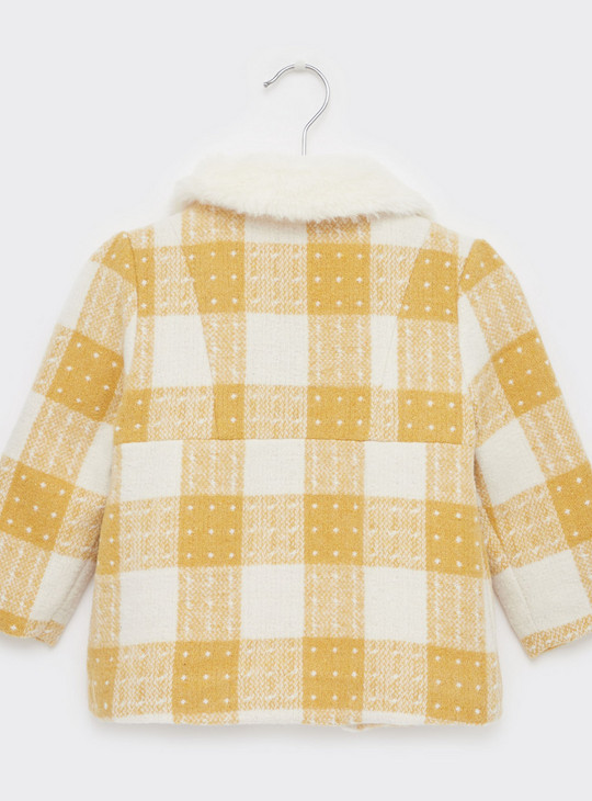 Checked Coat with Plush Collar and Long Sleeves
