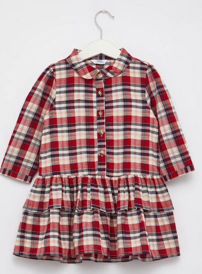 Checked Long Sleeve Dress with Collar and Button Front Closure