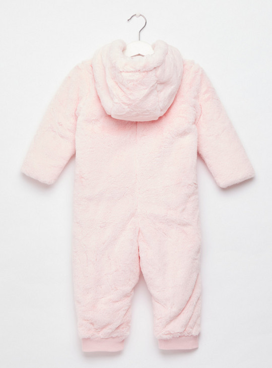 Textured Bunny Pram Suit with Hooded Neck and Zip Closure