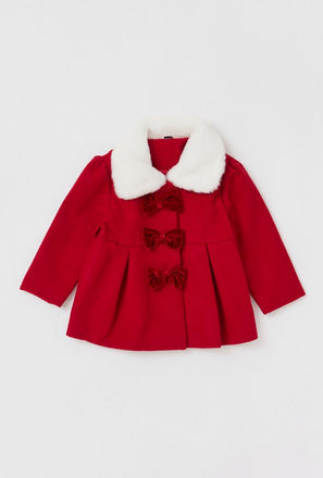 Plush Collared Coat with Bow Applique and Long Sleeves