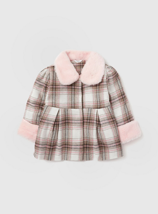 Checked Coat with Long Sleeves and Button Closure