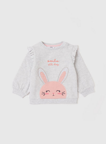 Bunny Embroidered Detail Sweatshirt with Long Sleeves and Ruffles