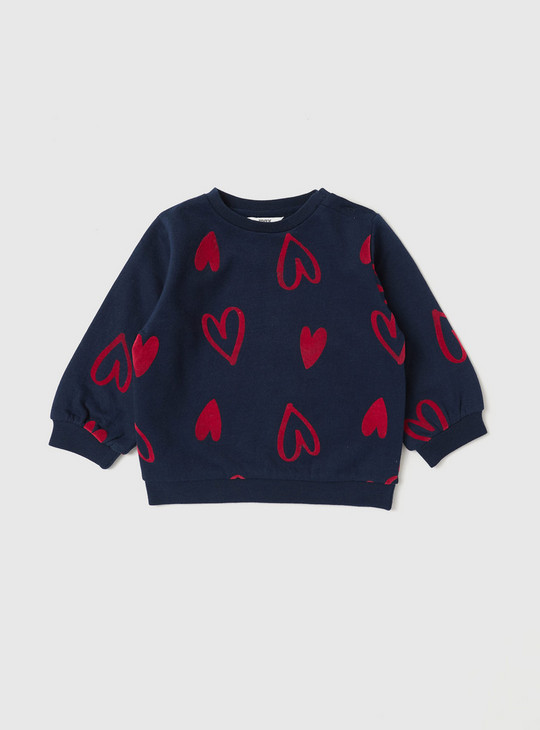 All-Over Hearts Print Sweatshirt with Round Neck and Long Sleeves