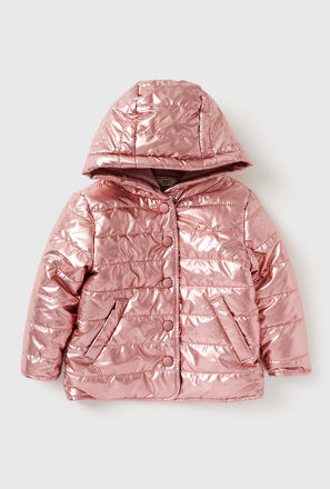 Solid Hooded Puffer Jacket with Pockets and Fur Lining