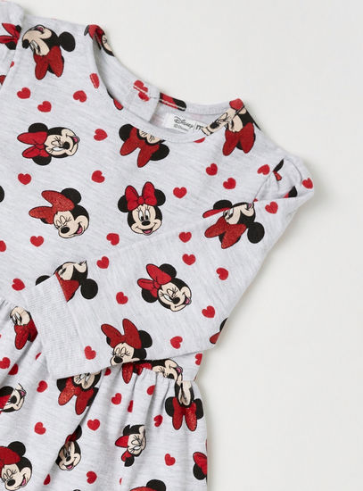 All-Over Minnie Mouse Print Dress with Long Sleeves