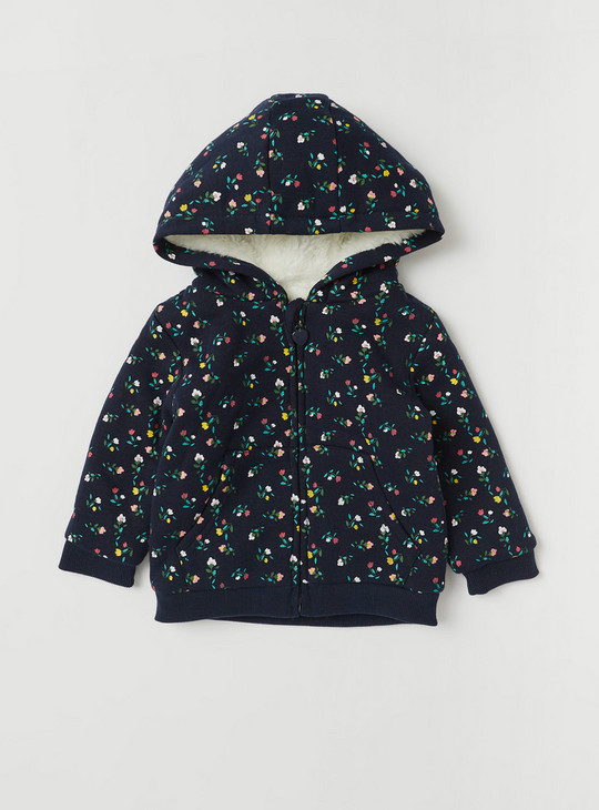 All-Over Floral Print Hooded Jacket with Long Sleeves and Zip Closure