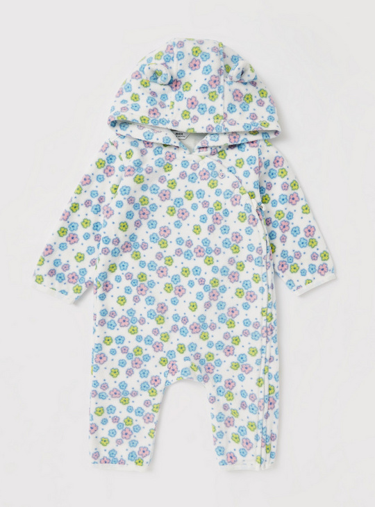 All-Over Floral Print Pram Suit with Long Sleeves and Hood
